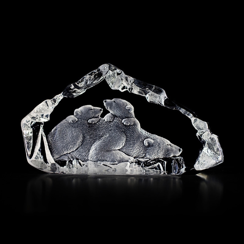 Polar Bear and Cubs Crystal Sculpture