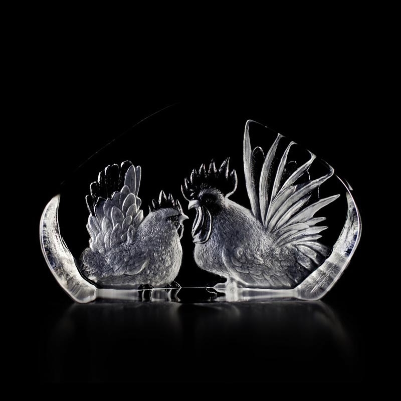 Rooster and Hen Crystal Sculpture