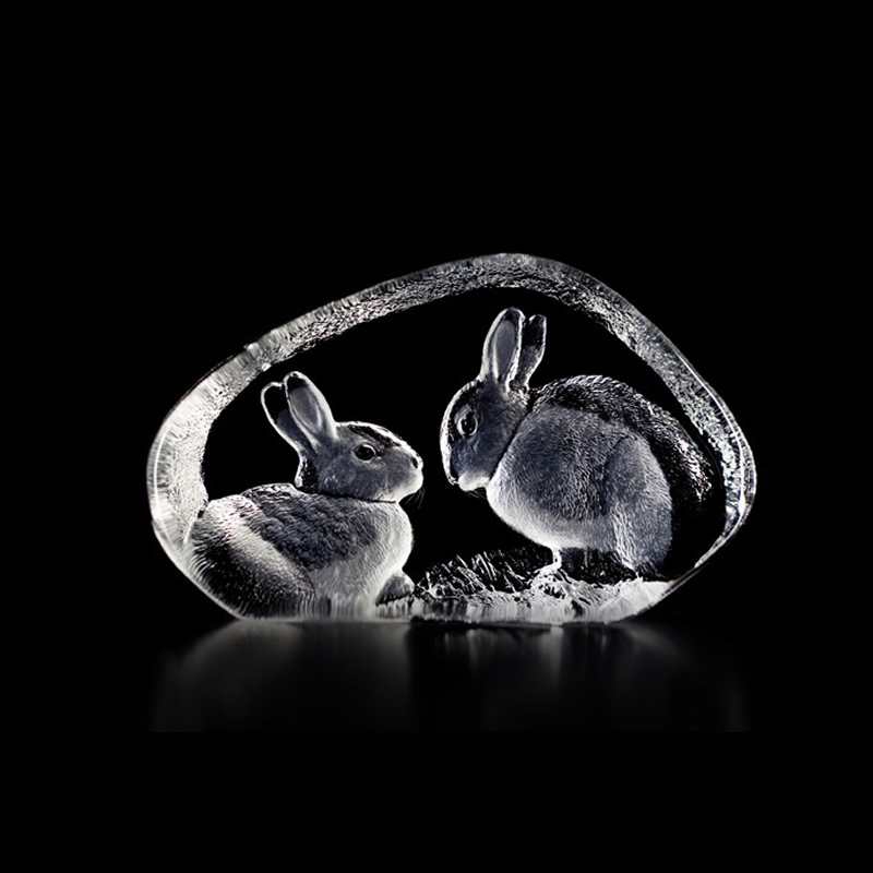 Pair of Bunny Rabbits Crystal Sculpture