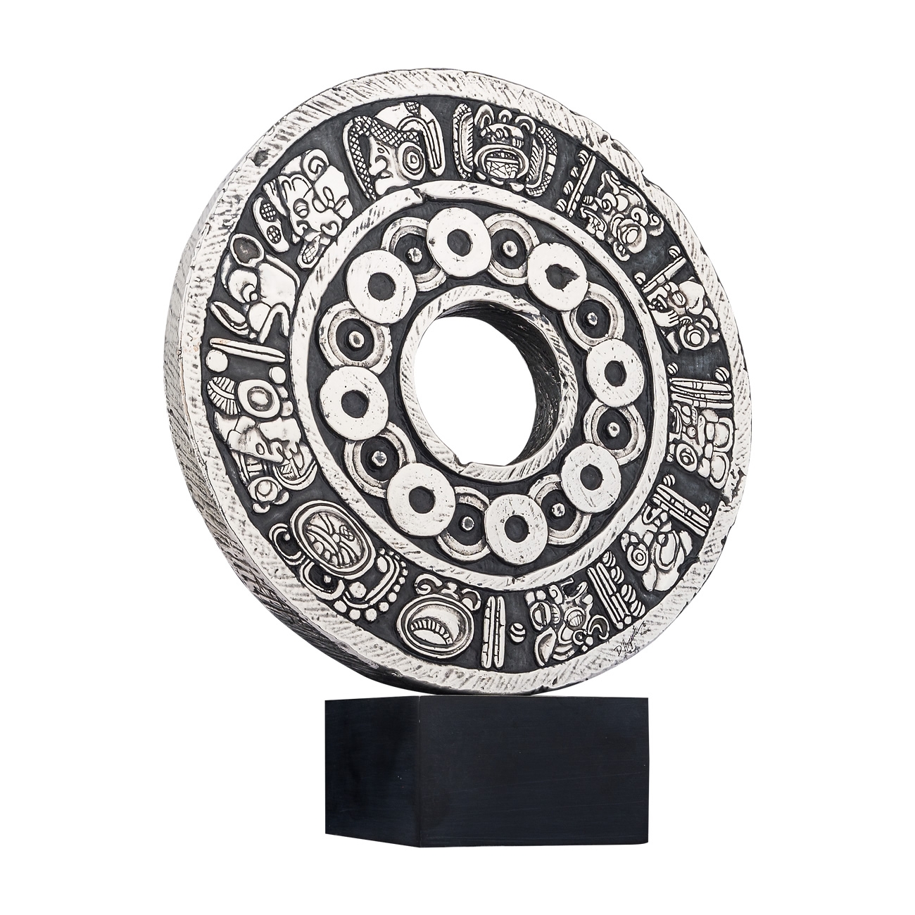Mayan Glyphs Circular Stone Silver Relief Sculpture