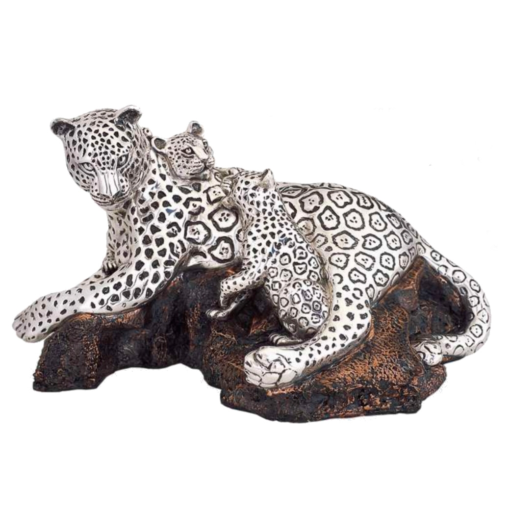 Silver Leopard with Cubs Sculpture