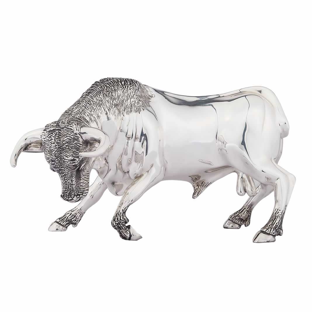 Silver Charging Bull Sculpture