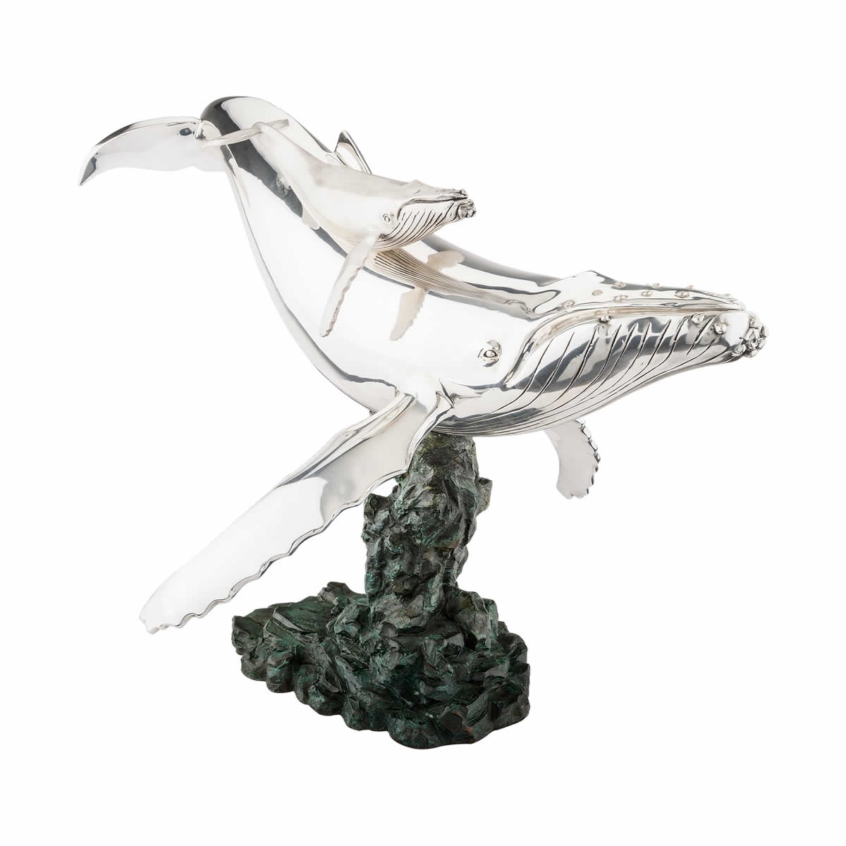 Silver Humpback Whale and Calf Sculpture